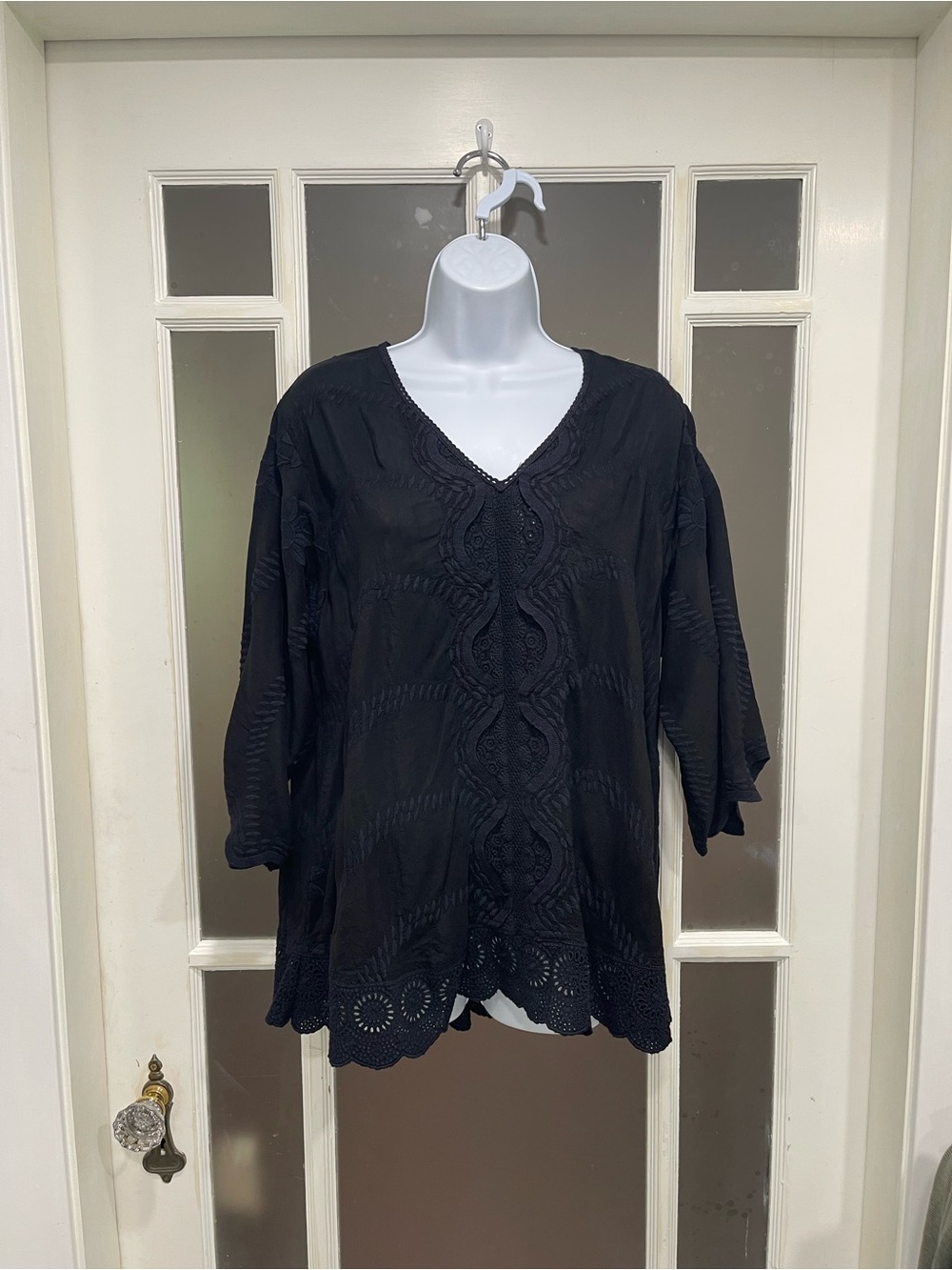Johnny Was Black Embroidered V-Neck Tunic Top